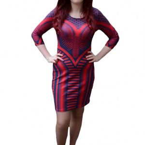 Rochie mulata, nuanta de rosu-bleumarin, design geometric - Img 1