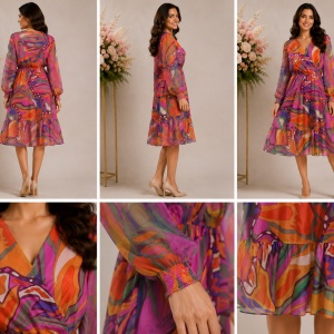 Rochie Multicoloră cu Imprimeu Abstract și Mâneci Semitransparente - Img 2