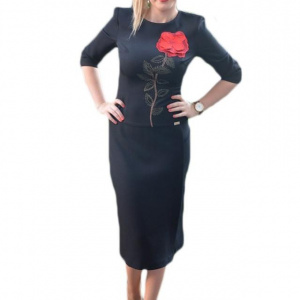 Rochie neagra cu design de motiv floral rosu iesit usor in relief - Img 1