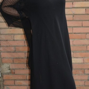 Rochie neagra de ocazie, din material elastic lucios si voal peste - Img 3