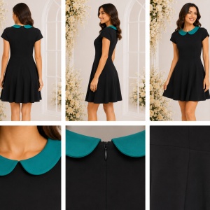 Rochie neagră elegantă cu guler verde-turcoaz și fustă cloș - Img 2