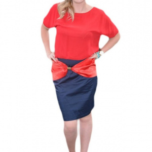Rochie rafinata cu aspect de costum, culoare bleumarin-rosu - Img 1