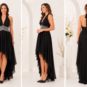 Rochie rafinata de seara, neagra, cu falduri si insertie argintie in talie - Img 4