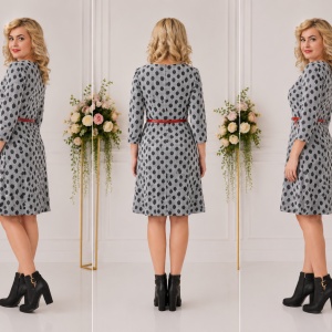 Rochie rafinata de zi cu flori brodate si design de buline negru-gri - Img 2