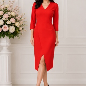 Rochie rafinata Mila cu crepeu in fata,model asimetric,nuanta de rosu