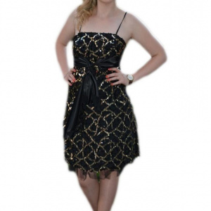 Rochie rafinata, neagra cu inserti de paiete auri - Img 1