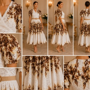 Rochie rafinata Raelynn, nuanta de crem -maro, cu design floral - Img 3