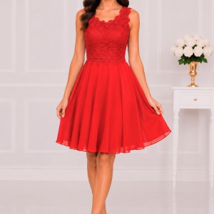 Rochie scurta de seara din dantela si voal rosu, stil baby-doll - Img 1