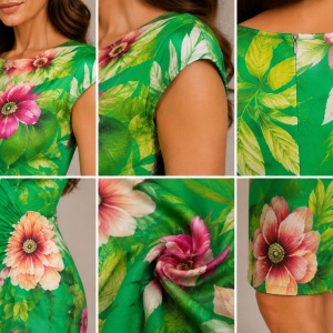 Rochie scurta fara maneca, material vaporos, verde cu flori roz - Img 3