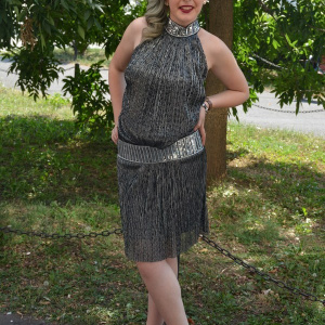 Rochie stralucitoare, guler rusesc, neagra-argintie - Img 6