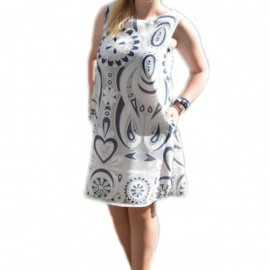 Rochie tinereasca cu buzunare, culoare alba cu design bleumarin - Img 1