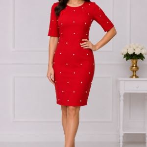 Rochie tinereasca, de culoare rosie, perle albe aplicate