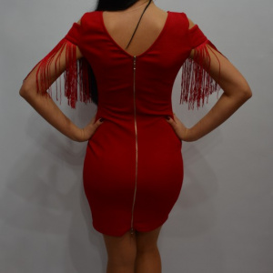 Rochie tinereasca de ocazie, rosie, design de franjuri la maneca - Img 7
