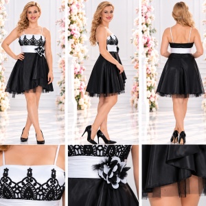 Rochie tinereasca de seara, model scurt, alb cu broderie neagra - Img 2