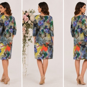 Rochie tinereasca de zi, masura mare, design de flori multicolore - Img 2