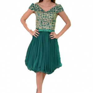 Rochie tinereasca din tul cu design de margele, greenery-auriu - Img 1