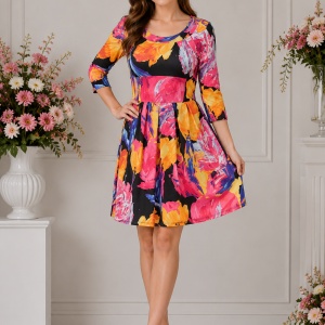Rochie trendy cu imprimeu floral roz-portocaliu pe fond negru