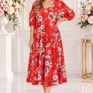 Rochie vaporoasa Nadina de zi,imprimeu floral,nuanta de rosu