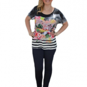 Tricou de primavara-vara, negru cu imprimeu modern in fata - Img 1