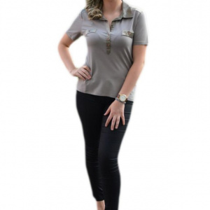 Tricou rafinat cu guler din saten, de culoare bej, model clasic - Img 1