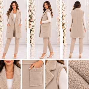 Vestă Lungă Damă Bej cu Buzunare și Guler Pufos – Elegantă și Confortabilă - Img 2