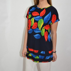Bluza casual, cu imprimeu de frunze multicolor, pe fundal bleumarin - Img 5