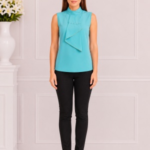 Bluza chic cu guler pe gat si fara maneca, de culoare turcoaz