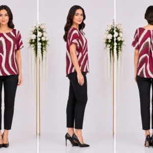 Bluză damă cu imprimeu floral bordo-alb-maro – Croială lejeră, mânecă scurtă, elegantă - Img 3