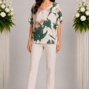 Bluză damă cu imprimeu floral verde-crem-pudra – Croială lejeră, mânecă scurtă, elegantă