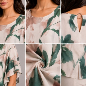 Bluză damă cu imprimeu floral verde-crem-pudra – Croială lejeră, mânecă scurtă, elegantă - Img 3
