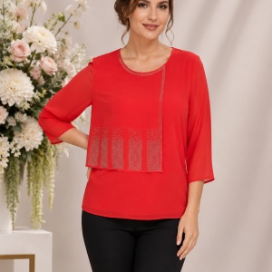 Bluză damă elegantă din voal cu aplicații de strasuri, roșie
