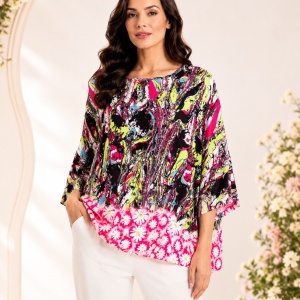 Bluză Damă Oversize Neon cu Imprimeu Abstract și Margarete – Negru & Fucsia