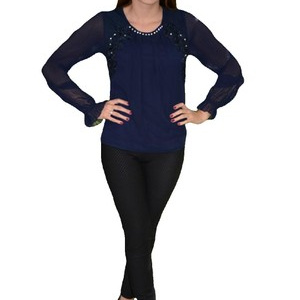 Bluza eleganta cu maneca din voal cu design plisat, bleumarin