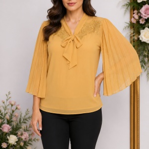 Bluza eleganta Genna din voal cu insertii fine de margele si broderie,mustar