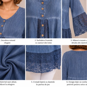 Bluza lejera Carina cu insertii de dantela, nuanta de albastru - Img 3