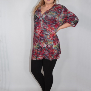 Bluza lejera de zi, model multicolor abstract cu nasturi, in nuanta de rosu - Img 7