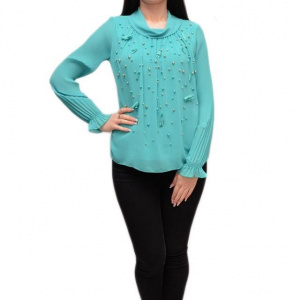 Bluza moderna cu maneca plisata si design de margele, turcoaz - Img 1