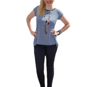 Bluza moderna, insertie de voal bleumarin in spate si dungi albe - Img 1