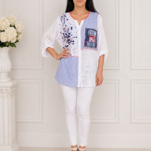 Bluza oversize cu buzunar din blugi si dungi fine, alb-bleumarin