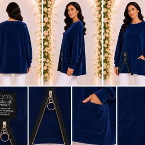 Bluză Oversized Bleumarin din Material Catifelat Raiat, cu Fermoar și Buzunar - Img 2