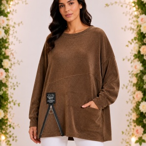Bluză Oversized Maro din Material Catifelat Raiat, cu Fermoar Decorativ și Buzunar