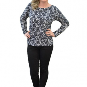 Bluza rafinata cu model floral negru pe fond alb, cu maneci lungi - Img 1