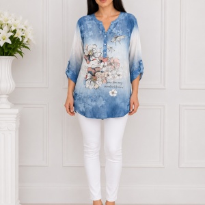 Bluza rafinata,design de nasturi, alba cu degrade albastru