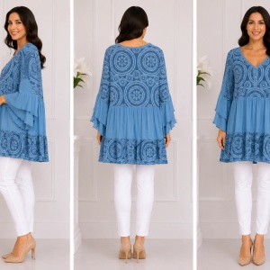 Bluza rafinata Larisa cu insertii de dantela ,nuanta de albastru deschis - Img 2