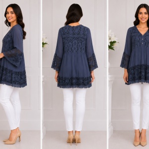Bluza rafinata Luna cu insertii de dantela ,nuanta de bleumarin - Img 2