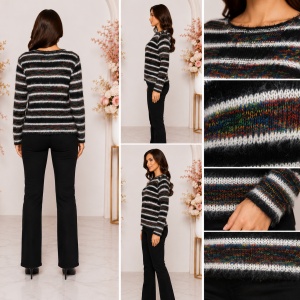 Bluză tricotată pufoasă de damă cu dungi multicolore – Negru, Alb & Accente Colorate - Img 2