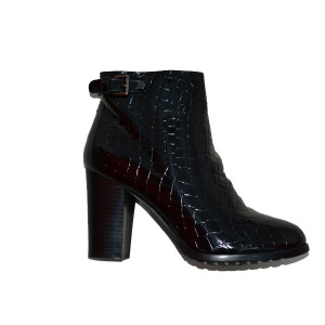 Botina lucioasa cu design croco, de culoare neagra, cu toc gros - Img 4