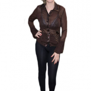 Camasa cu maneca lunga, maro, cu aspect creponat, insertie satinata - Img 1