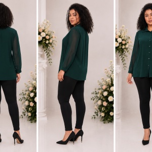 Cămașă elegantă verde smarald cu mâneci transparente - Img 2