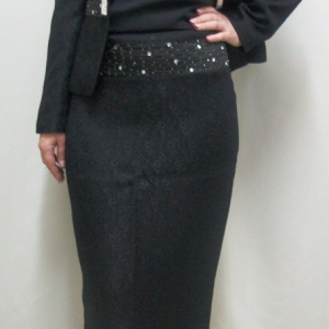 Costum negru, elegant, cu fusta midi, sacou cu maneca lung - Img 2